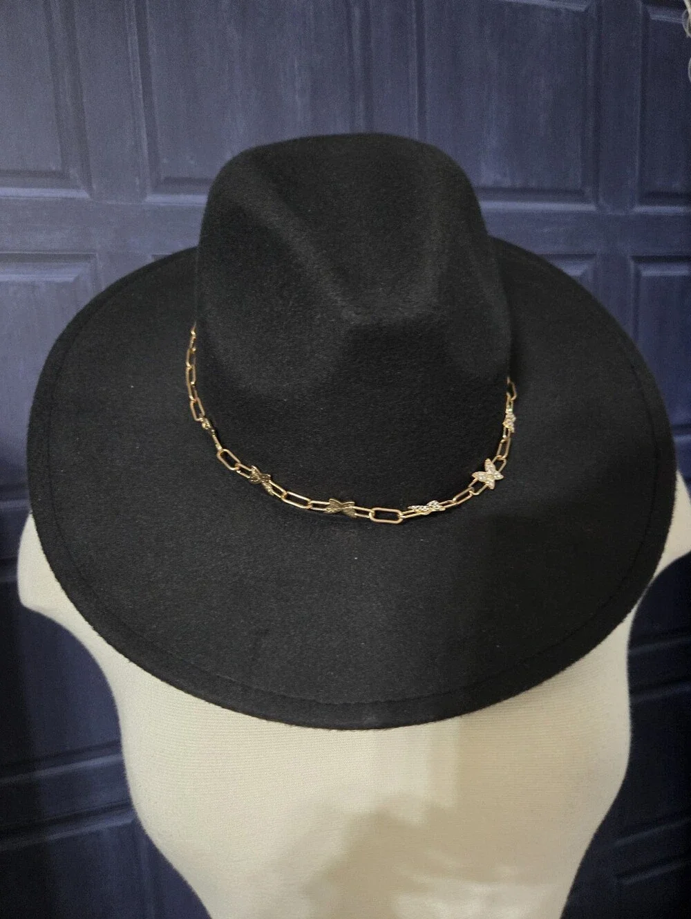 Black Fedora With Gold Chain Detail Butterfly Charms